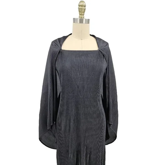 VTG Issey Miyake Black Pleated Maxi Dress Size 4 Attached Jacket Sleeves - Picture 3 of 15